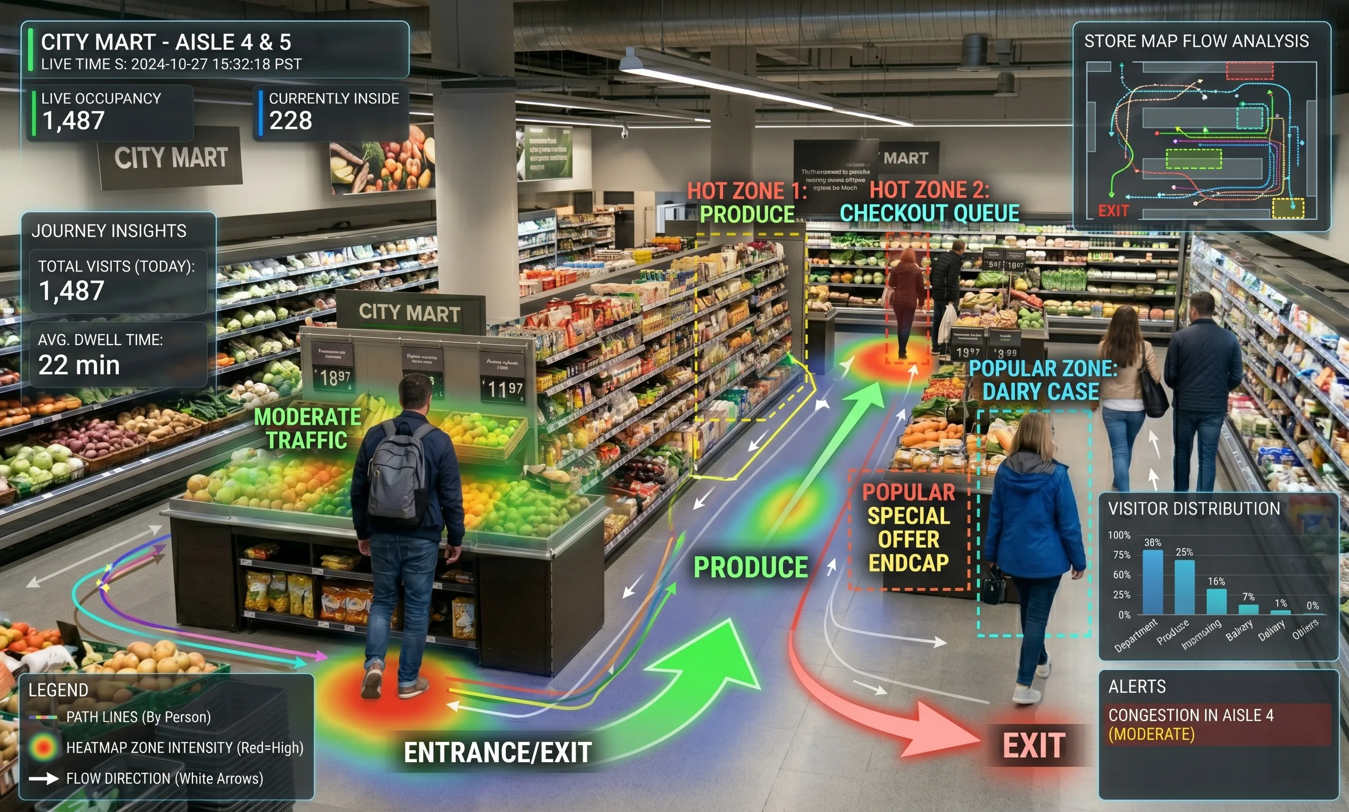 People counting bounding boxes detecting shoppers in a retail store